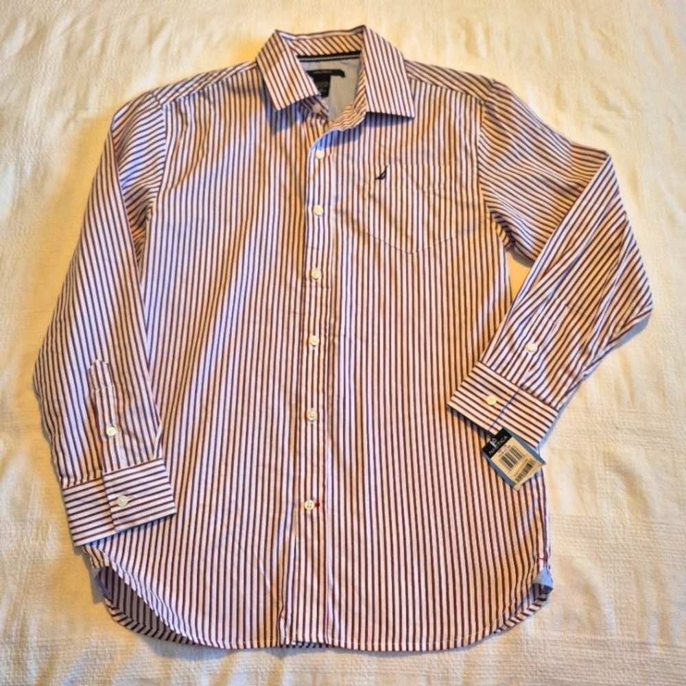 Nautica boys size 14 button up long sleeve striped shirt, blue, white, red, NWT
